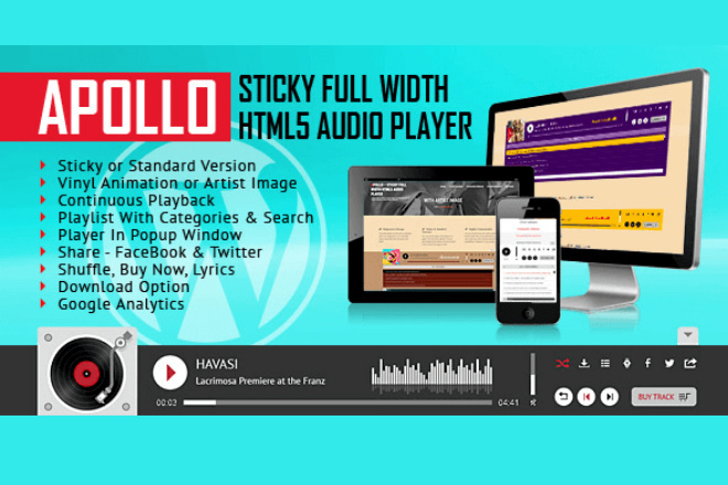 Плагин Apollo 2.1. 0 Sticky Full Width HTML5 Audio Player WordPress