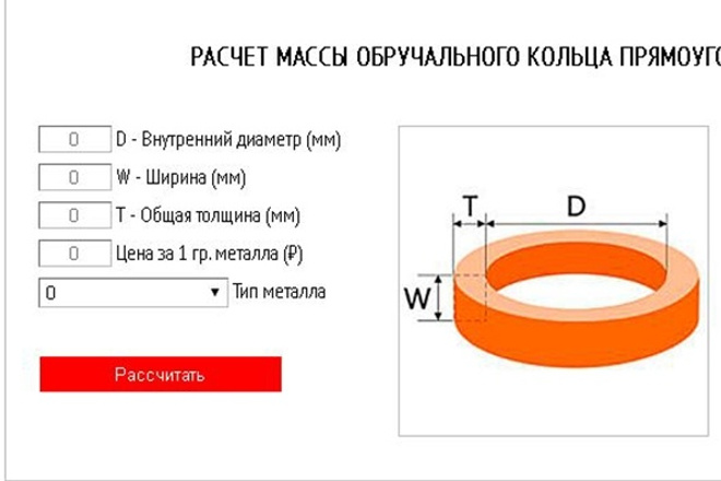 Калькулятор расчета массы обручального кольца