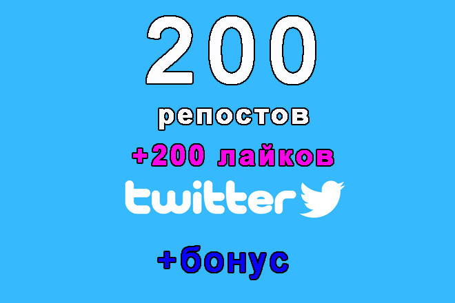 200 репостов+200 лайков на Ваш твит в Twitter+bonus