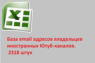 База email адресов владельцев иностранных Ютуб-каналов. 2318 штук