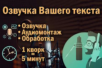 Озвучка Вашего текста. Озвучка+Аудиомонтаж+Обработка