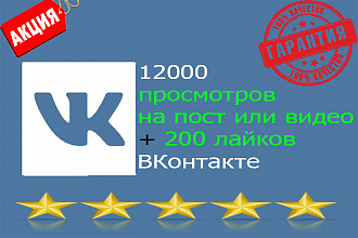 12000 просмотров Вконтакте+200 лайков бонус. Выгодное предложение