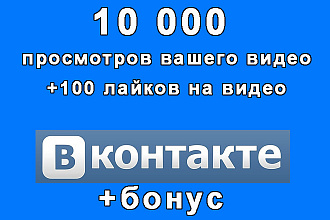10 000 просмотров Вашего видео Вконтакте+100 лайков+бонус