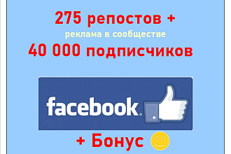275 репостов и размещение в сообществе 40 000 подписчиков Фейсбук