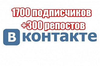 1700 подписчиков в ВК + 300 репостов и лайков