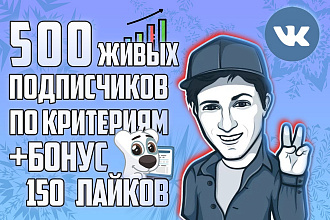 500 живых подписчиков ВКонтакте по критериям + Бонус 150 лайков Вк