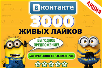 3000 живых лайков Вконтакте + бонус 3000 просмотров записей VK