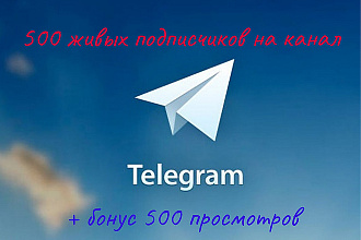 500 живых подписчиков на канал Telegram + бонус 500 просмотров