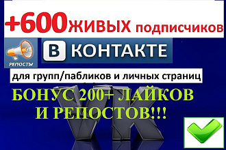 Продвижение группы Вконтакте + 600 подписчиков в группу + бонус