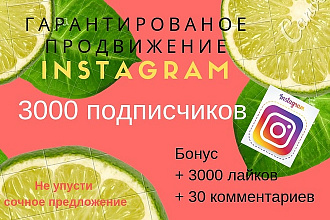 Instagram 3000 подписчиков+3000 лайков. Бонус 30 комментов+10.000 view