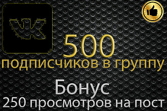 500 Подписчиков в группу VK, бонус 250 просмотров на пост