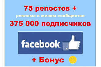 75 репостов и реклама в сообществе 375 000 подписчиков Фейсбук