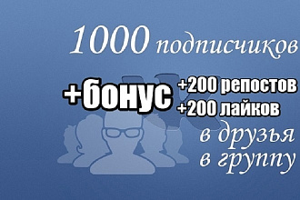 1000 подписчиков в ВК в группу или страницу +200 репостов +200 лайков