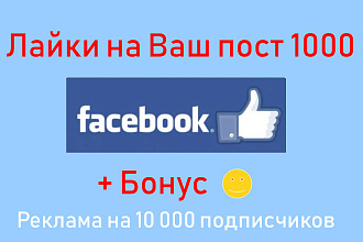 Лайки в Фейсбуке - 1000 отметок на Ваши пост или фото + бонус реклама