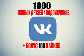 1000 живых друзей, подписчиков плюс + бонус 100 лайков